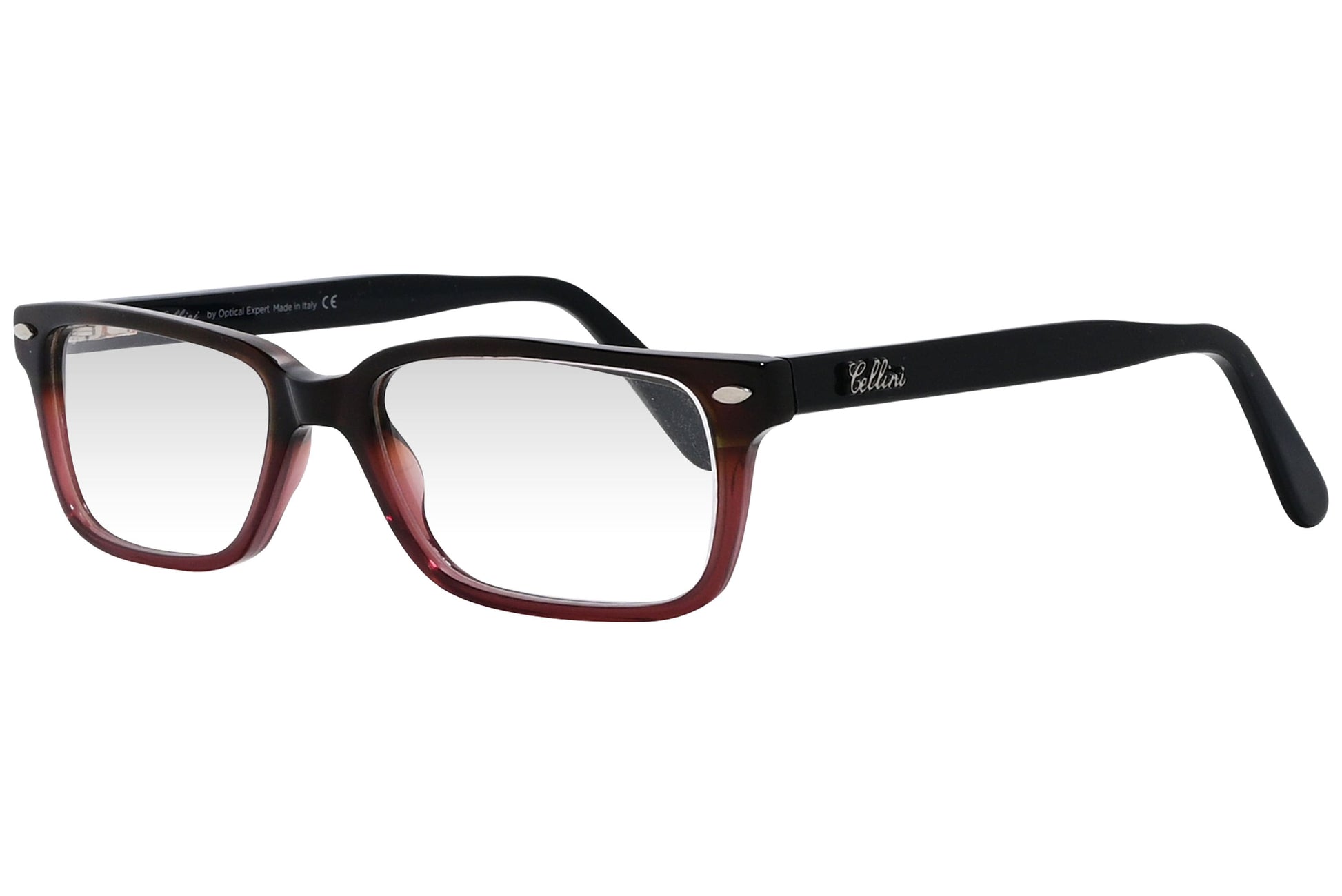 cellini rectangle multicolored eyeglasses frame viewed from a 45-degree angle.