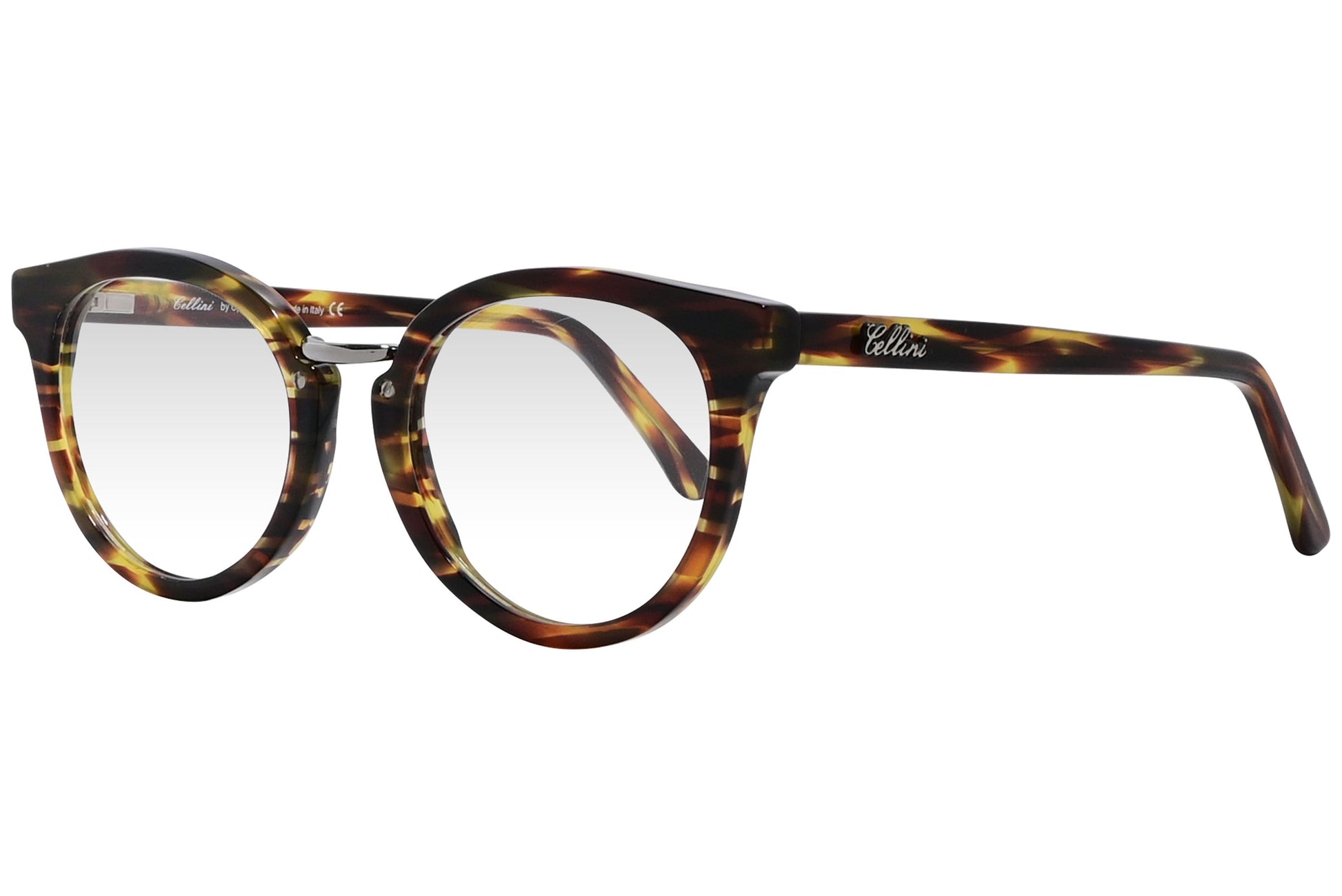 cellini round tortoise eyeglasses frame viewed from a 45-degree angle.