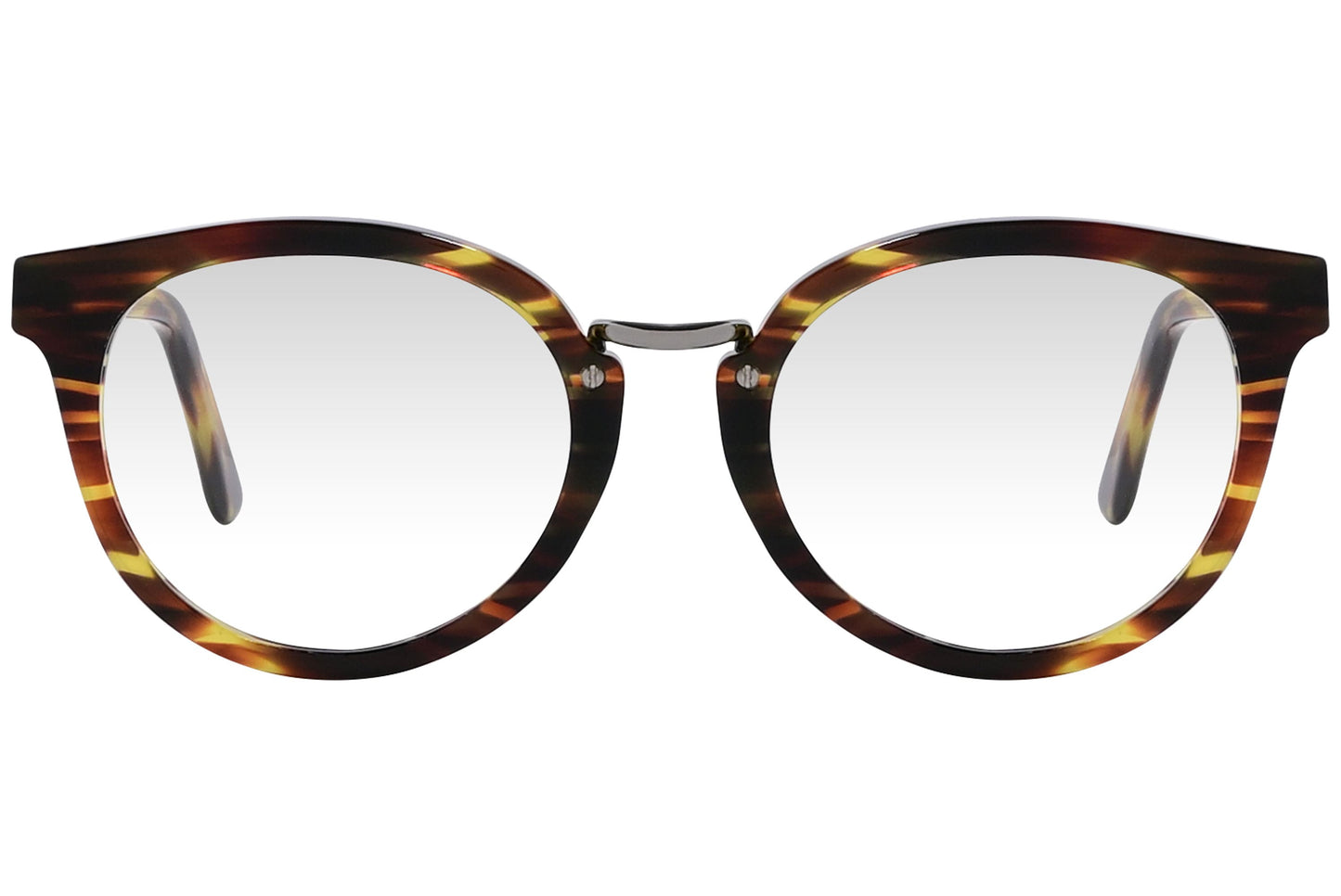 cellini round tortoise eyeglasses frame viewed from front angle.