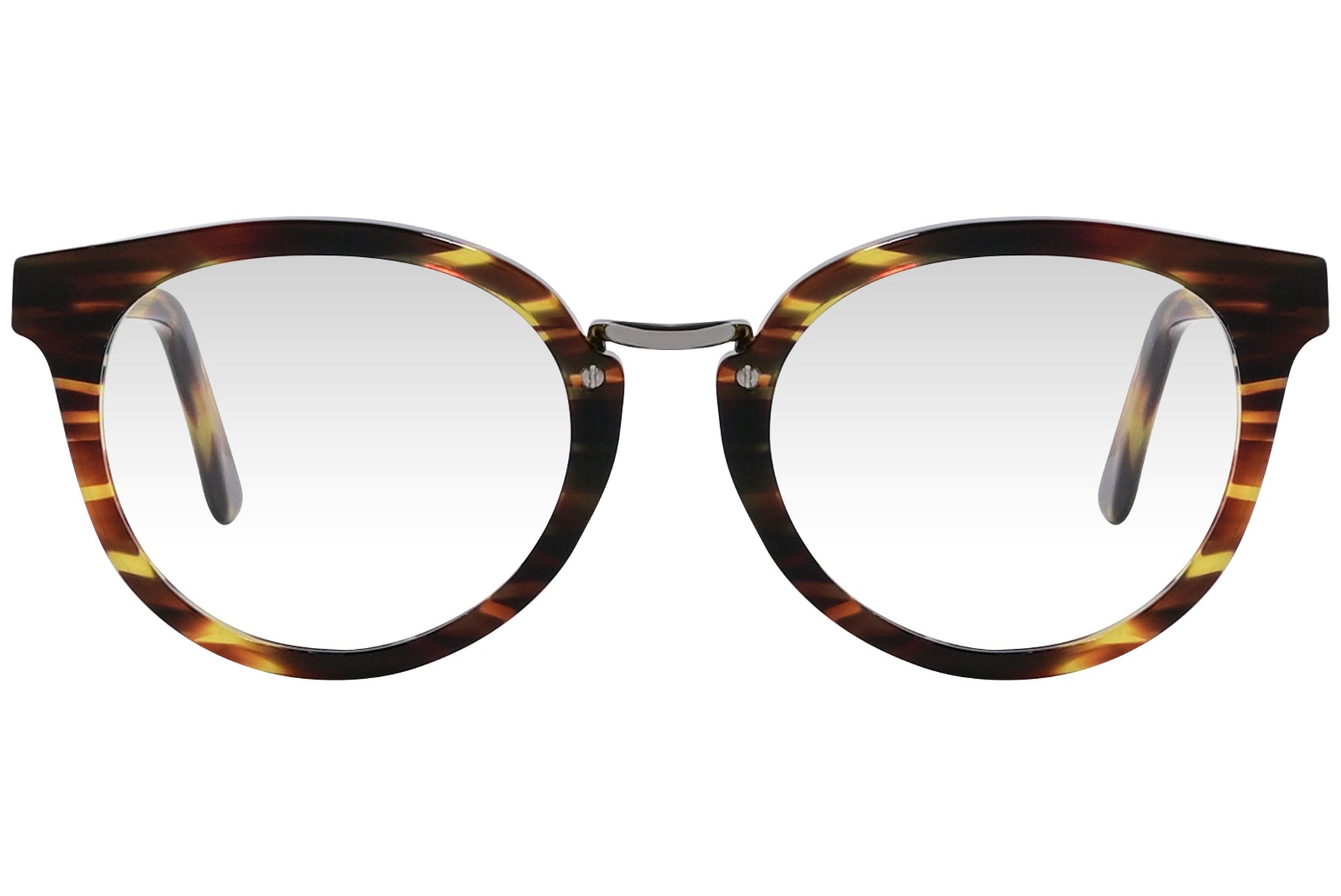 cellini round tortoise eyeglasses frame viewed from front angle.