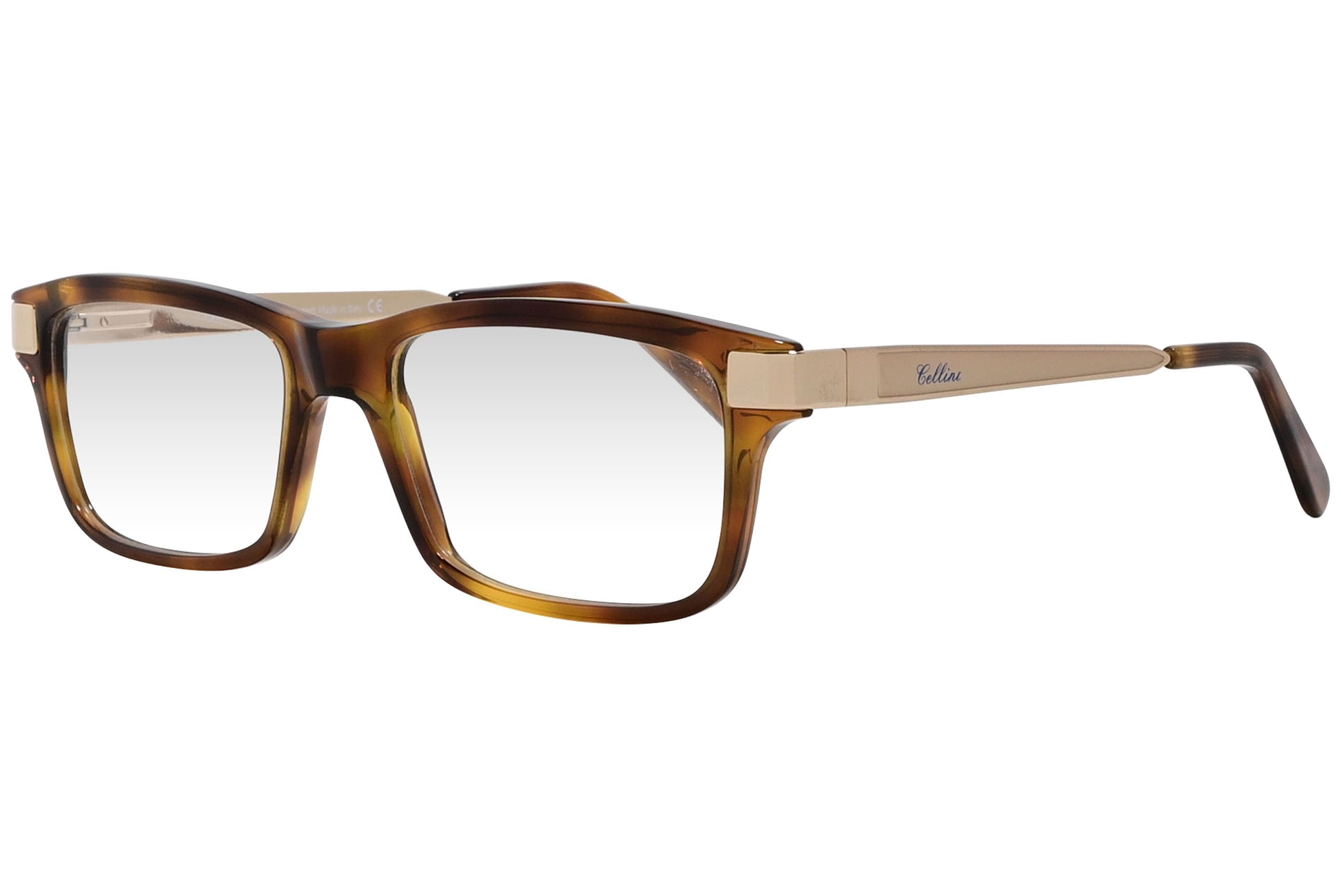 cellini rectangle gold eyeglasses frame viewed from a 45-degree angle.