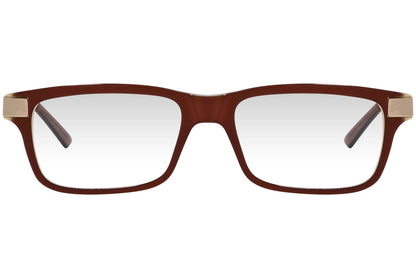 cellini rectangle red eyeglasses frame viewed from front angle.