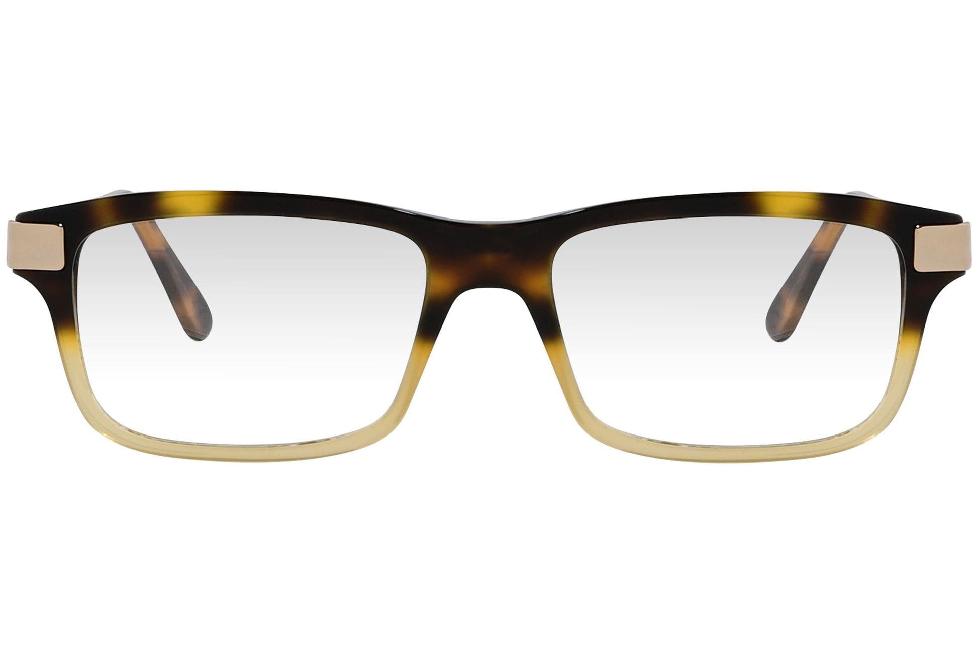 cellini rectangle tortoise eyeglasses frame viewed from front angle.