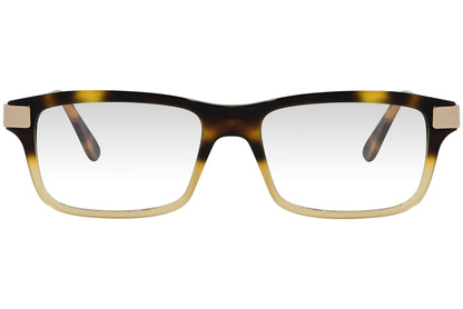 cellini rectangle tortoise eyeglasses frame viewed from front angle.