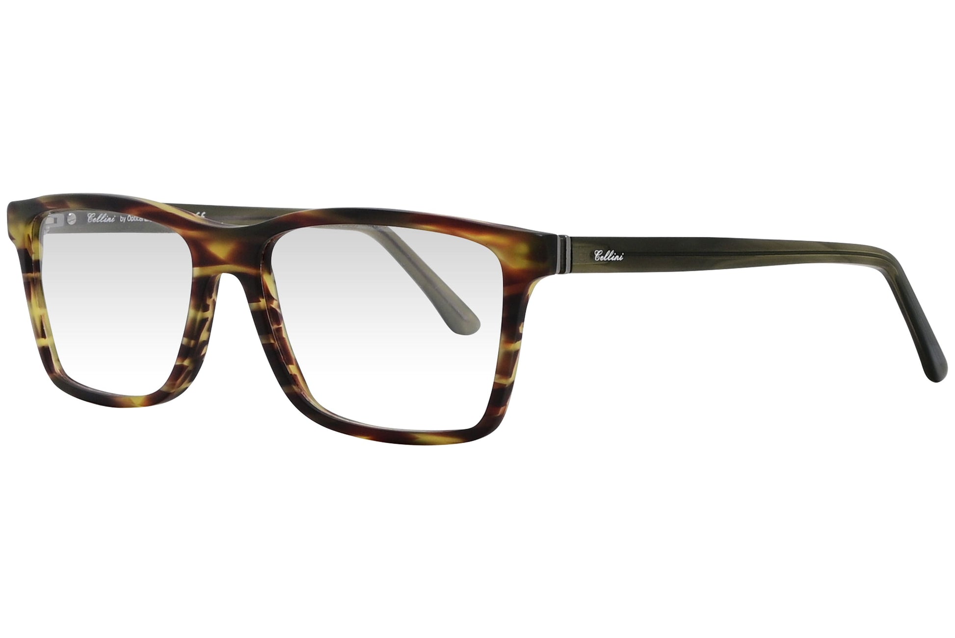 cellini rectangle tortoise eyeglasses frame viewed from a 45-degree angle.