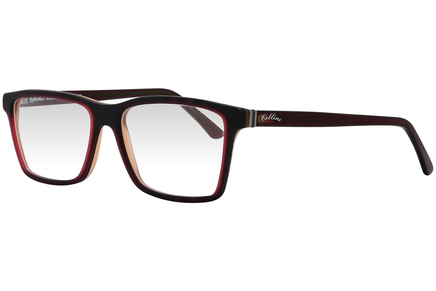 cellini rectangle red eyeglasses frame viewed from a 45-degree angle.