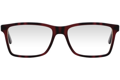 cellini rectangle red eyeglasses frame viewed from front angle.