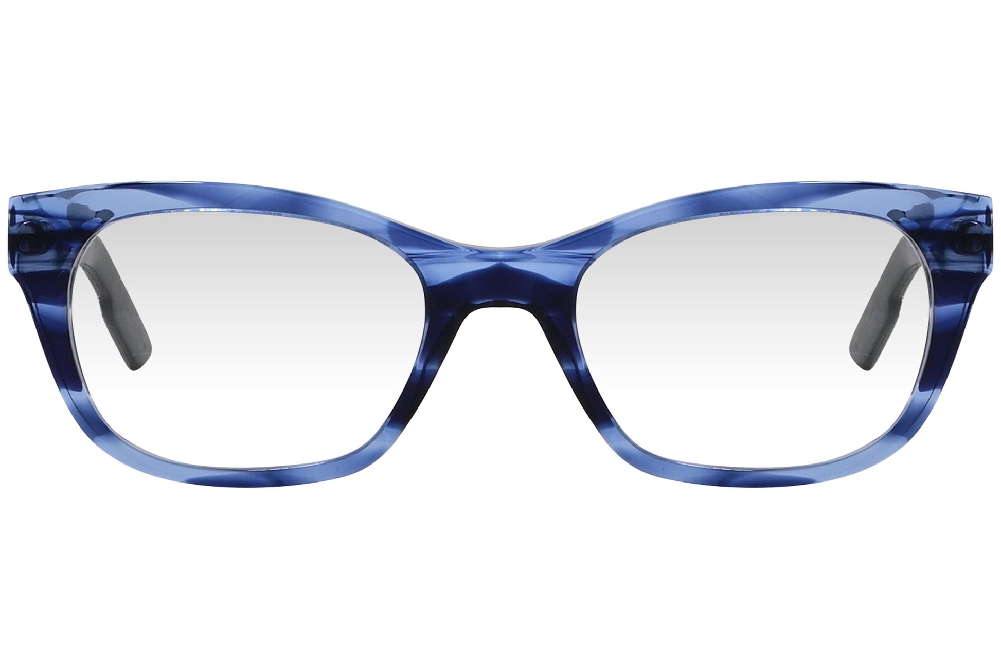 cellini cat-eye blue eyeglasses frame viewed from front angle.