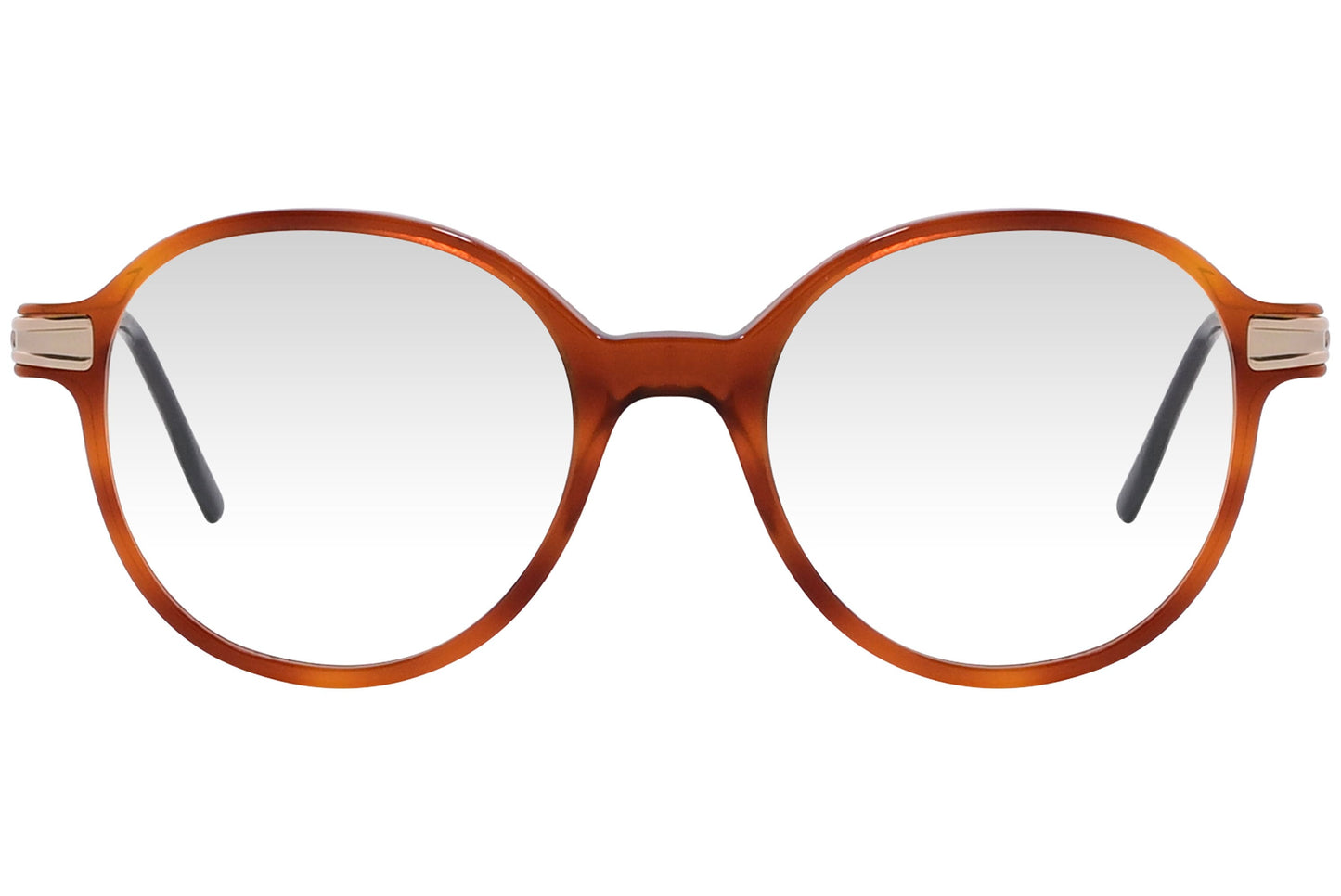 cellini round orange eyeglasses frame viewed from front angle.