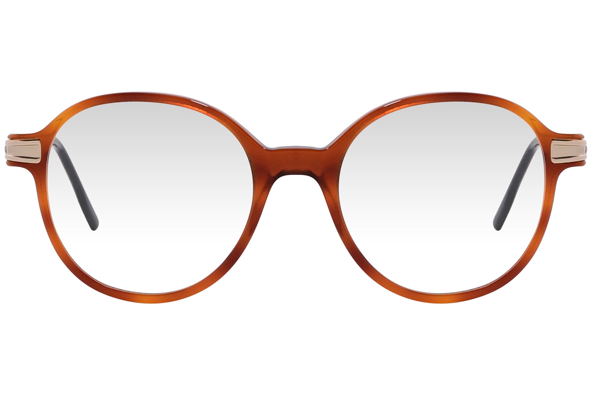 cellini round orange eyeglasses frame viewed from front angle.