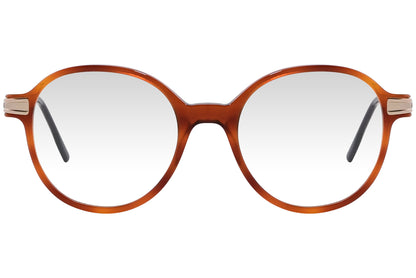 cellini round orange eyeglasses frame viewed from front angle.