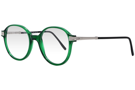 cellini round green eyeglasses frame viewed from a 45-degree angle.