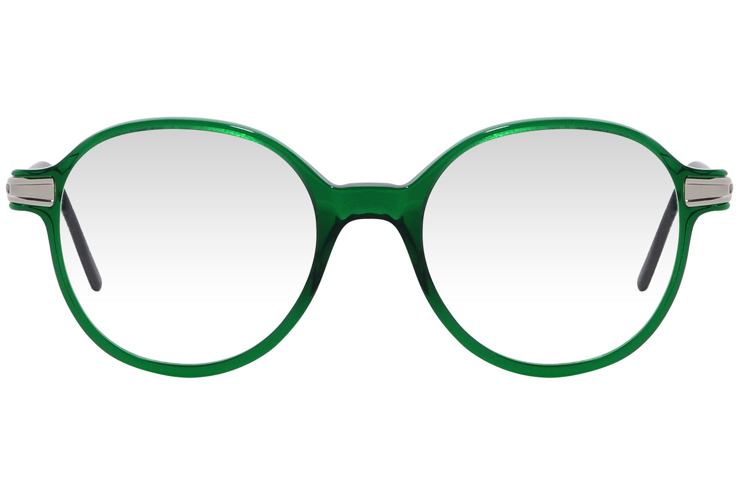 cellini round green eyeglasses frame viewed from front angle.