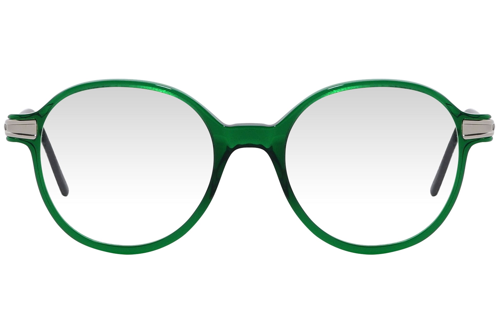 cellini round green eyeglasses frame viewed from front angle.