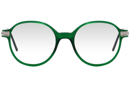 cellini round green eyeglasses frame viewed from front angle.