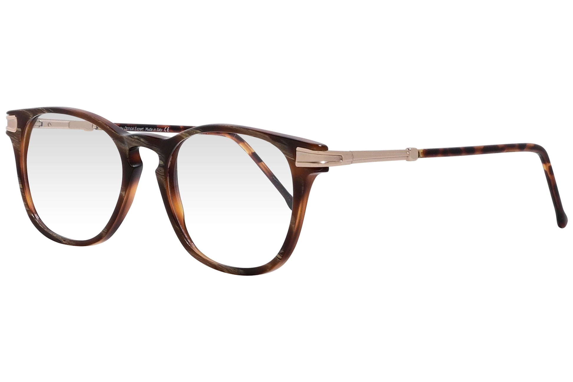 cellini rectangle tortoise eyeglasses frame viewed from a 45-degree angle.