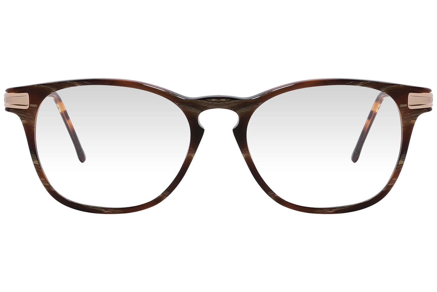 cellini rectangle tortoise eyeglasses frame viewed from front angle.