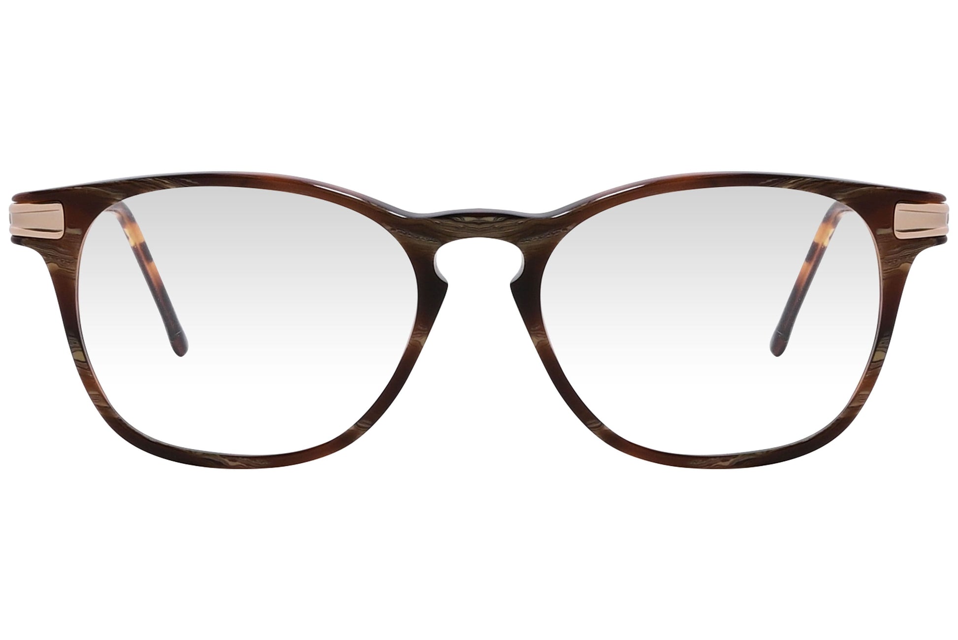 cellini rectangle tortoise eyeglasses frame viewed from front angle.