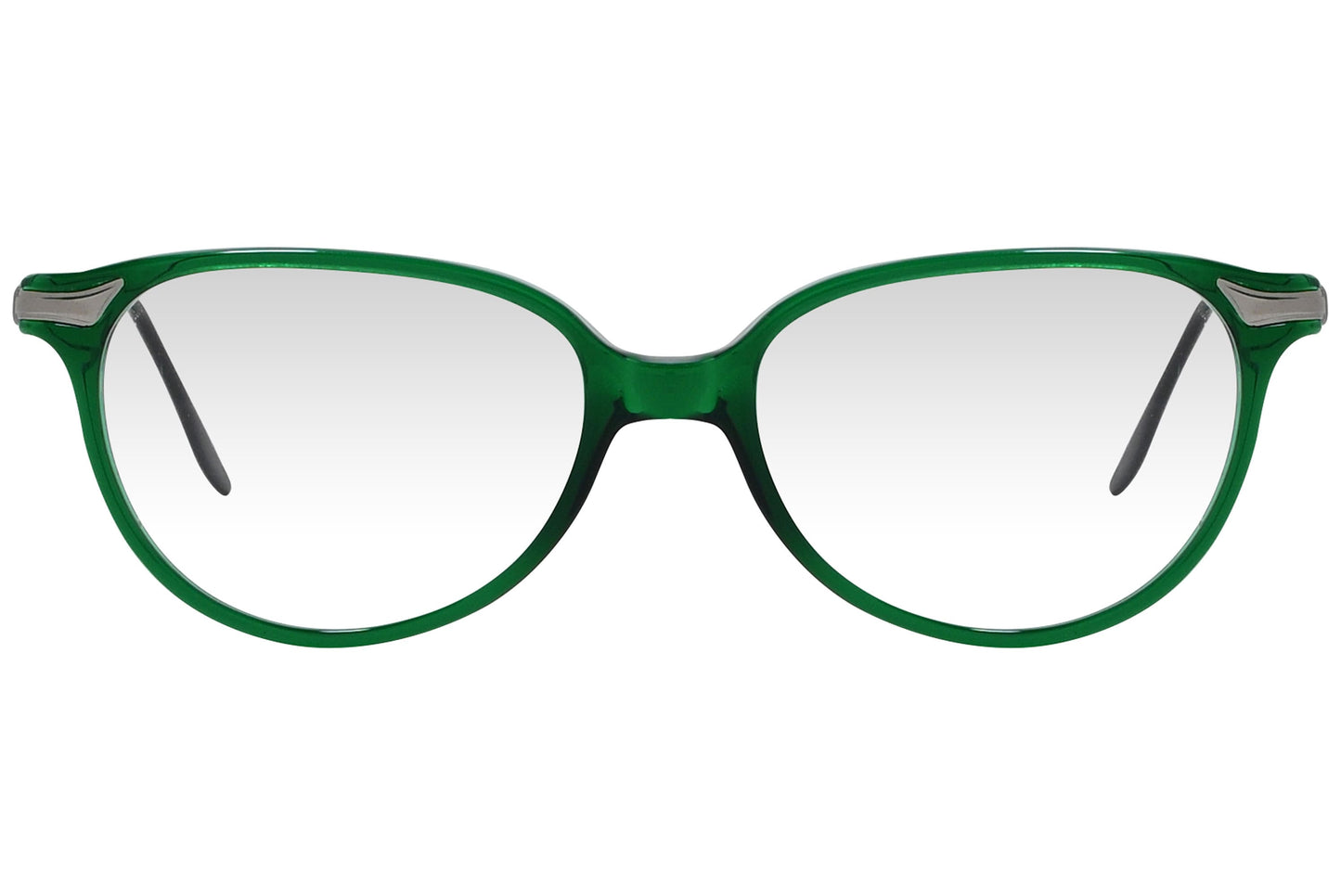 cellini oval green eyeglasses frame viewed from front angle.