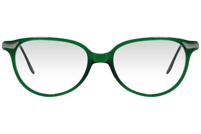 cellini oval green eyeglasses frame viewed from front angle.