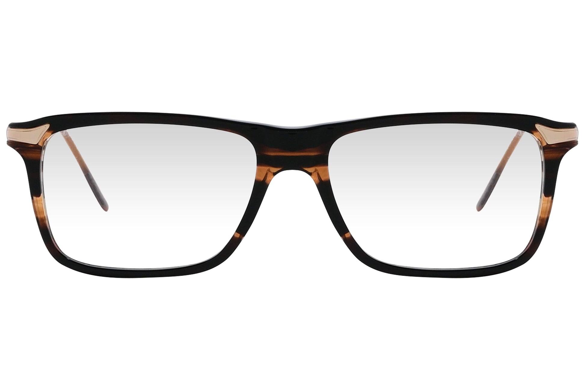 cellini rectangle tortoise eyeglasses frame viewed from front angle.