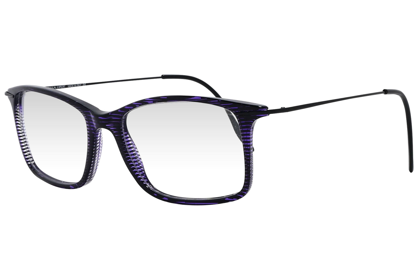 cellini rectangle purple eyeglasses frame viewed from a 45-degree angle.