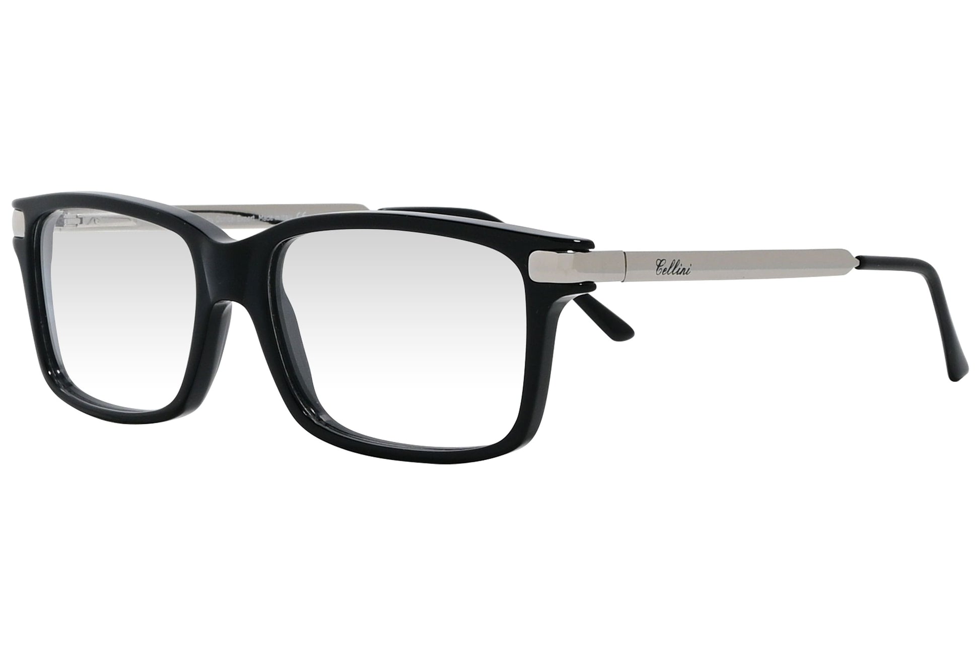 cellini rectangle black eyeglasses frame viewed from a 45-degree angle.