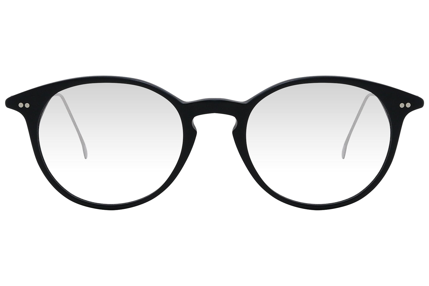 cellini round black eyeglasses frame viewed from front angle.