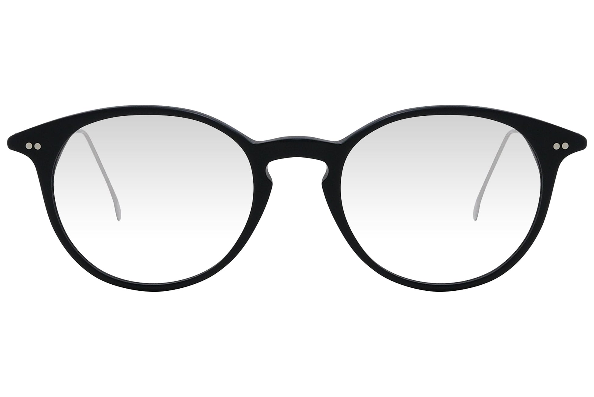 cellini round black eyeglasses frame viewed from front angle.