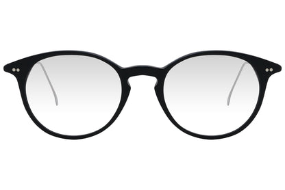 cellini round black eyeglasses frame viewed from front angle.