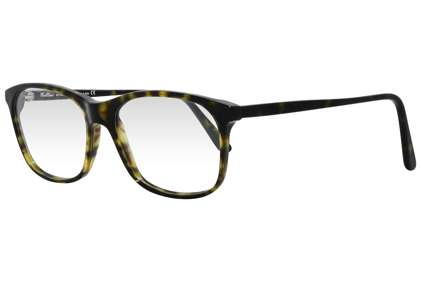 cellini rectangle tortoise eyeglasses frame viewed from a 45-degree angle.