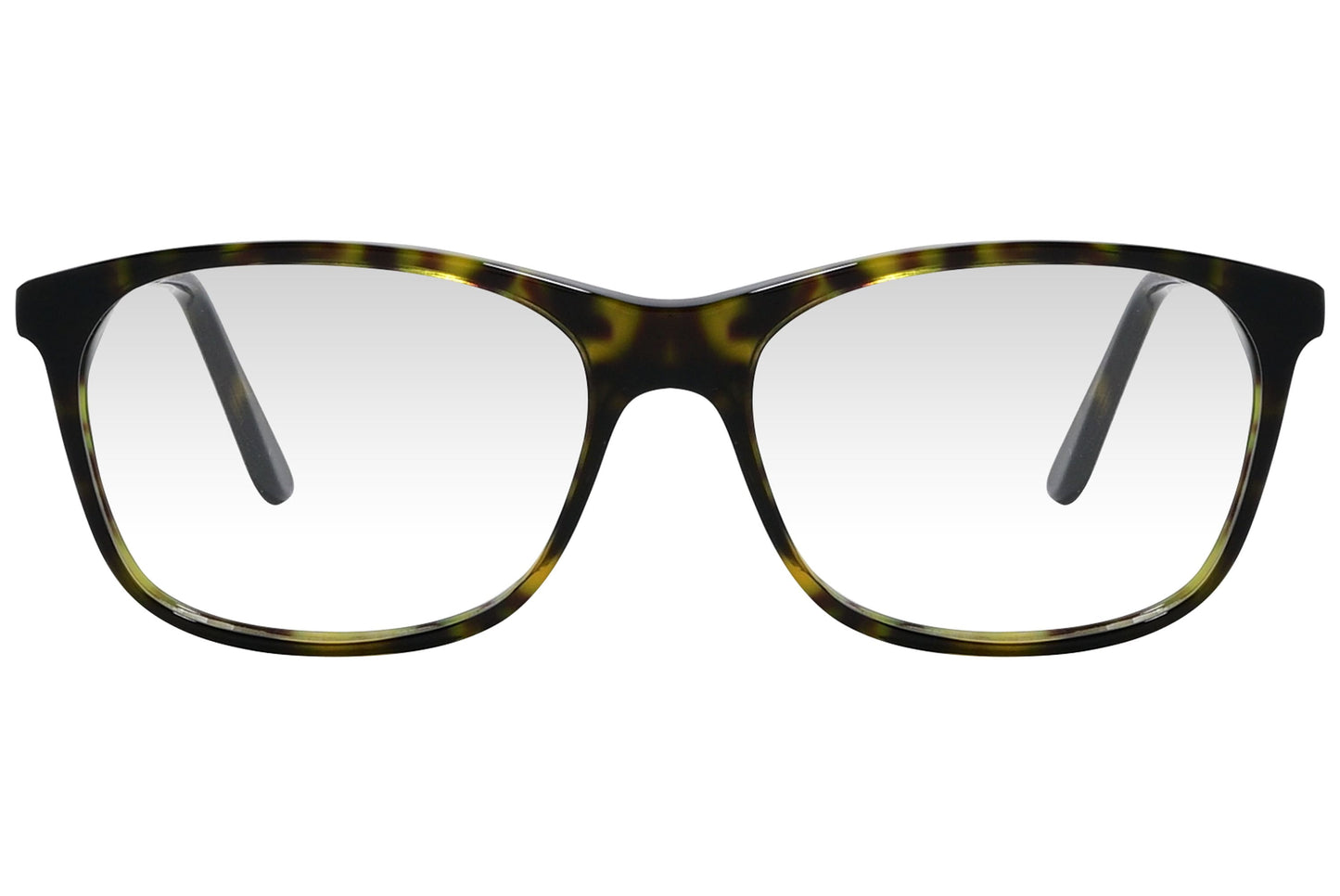 cellini rectangle tortoise eyeglasses frame viewed from front angle.