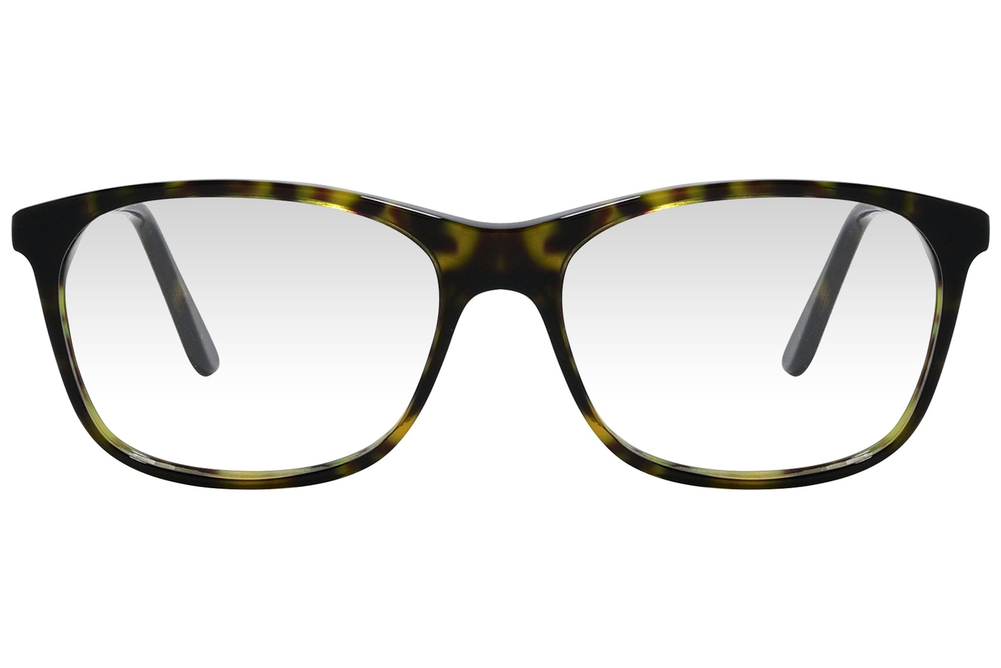 cellini rectangle tortoise eyeglasses frame viewed from front angle.