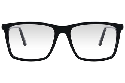 cellini square black eyeglasses frame viewed from front angle.