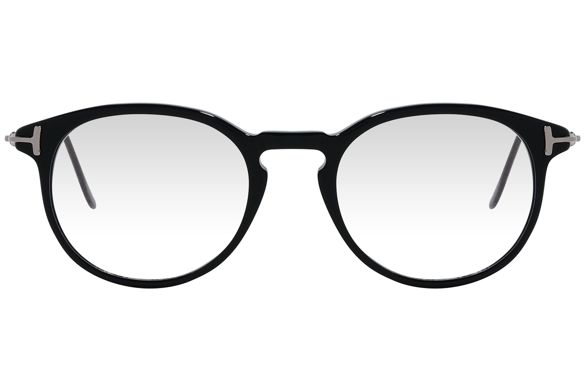 cellini round black eyeglasses frame viewed from front angle.