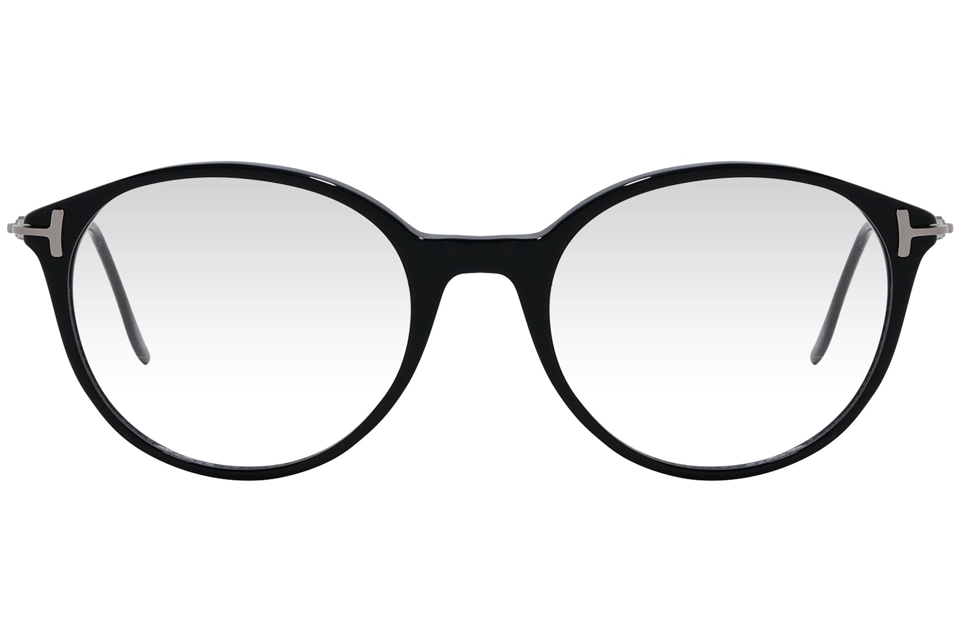 cellini round black eyeglasses frame viewed from front angle.