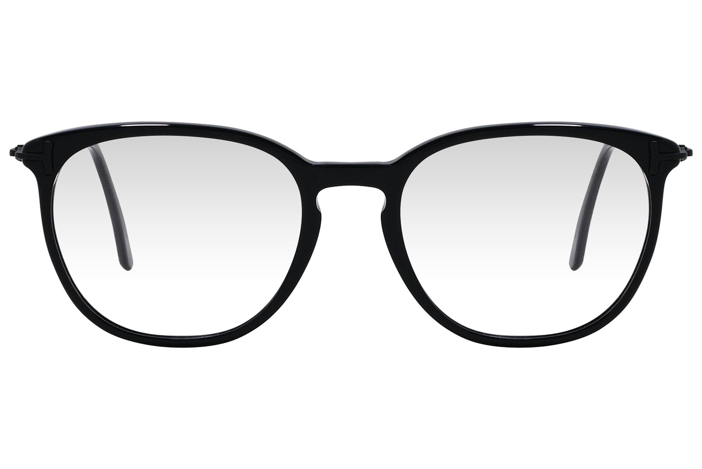 cellini round black eyeglasses frame viewed from front angle.