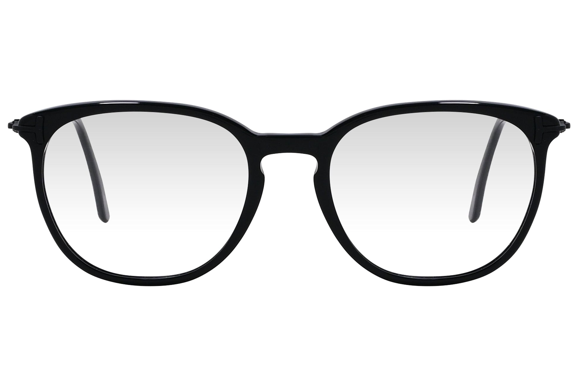 cellini round black eyeglasses frame viewed from front angle.