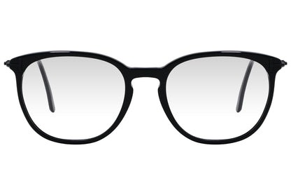 cellini round black eyeglasses frame viewed from front angle.