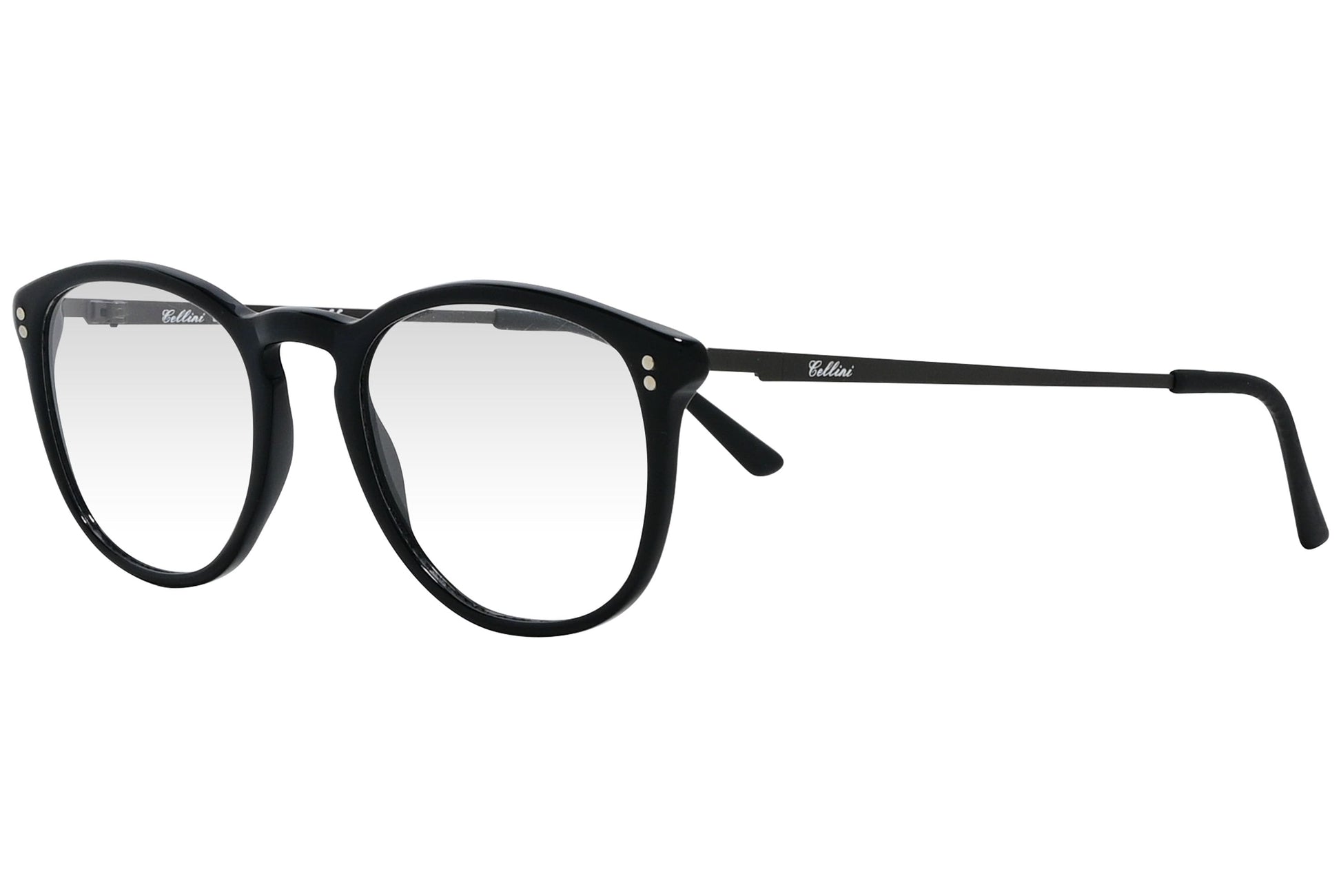 cellini round black eyeglasses frame viewed from a 45-degree angle.