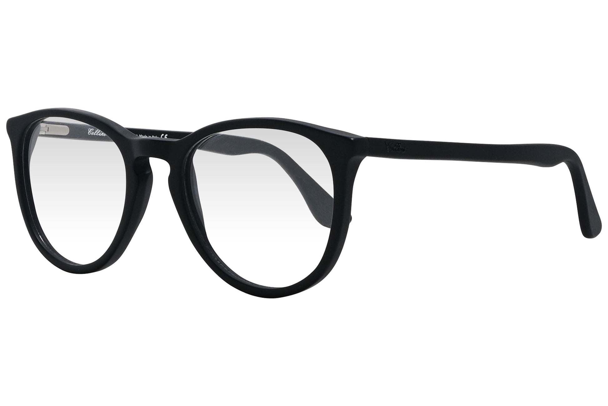 cellini round black eyeglasses frame viewed from a 45-degree angle.