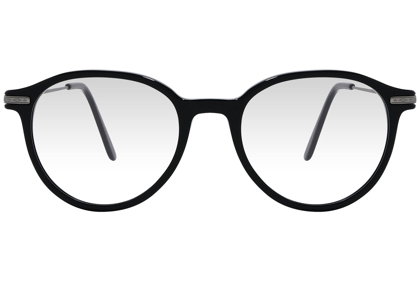 cellini round black eyeglasses frame viewed from front angle.