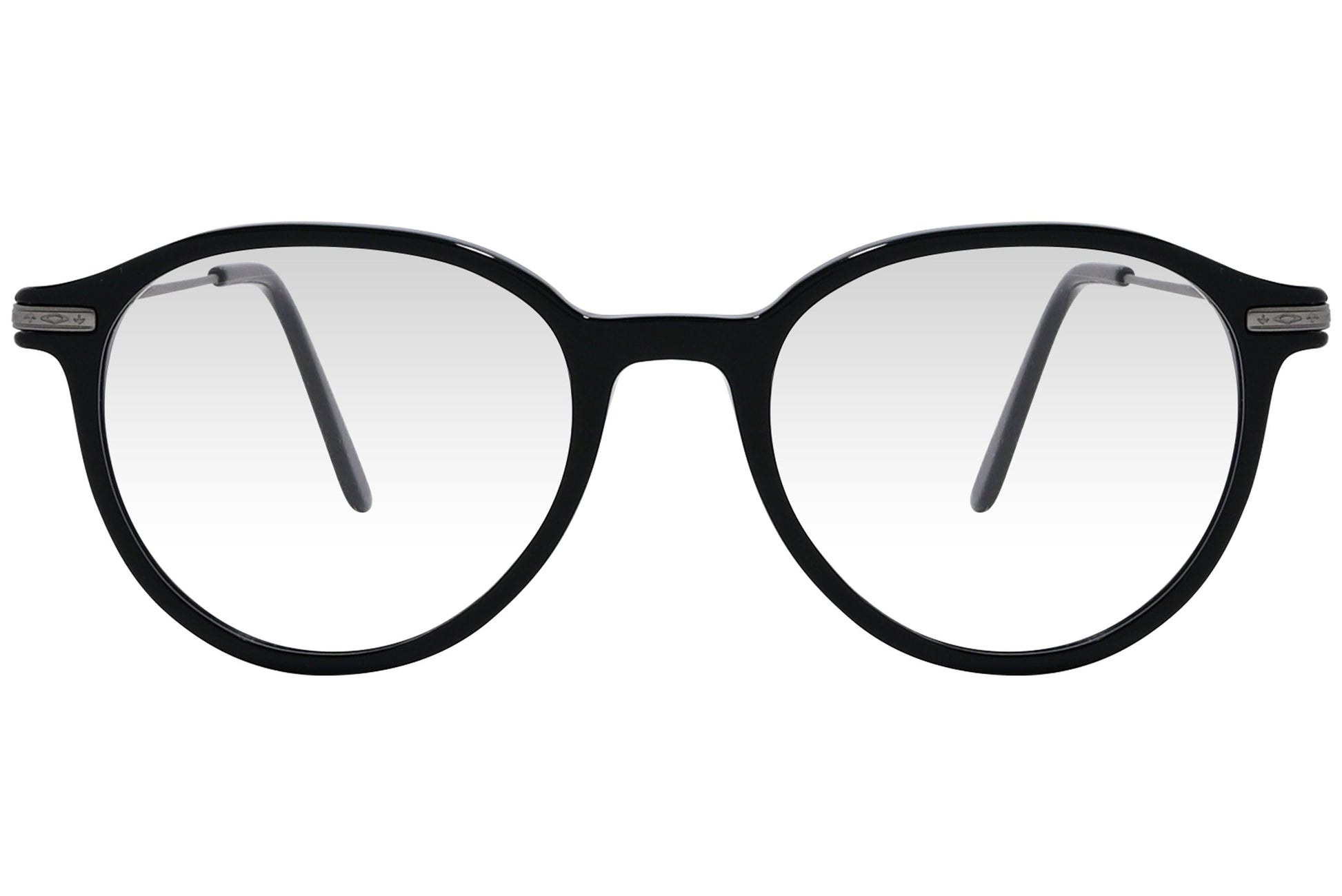 cellini round black eyeglasses frame viewed from front angle.