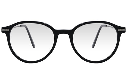 cellini round black eyeglasses frame viewed from front angle.