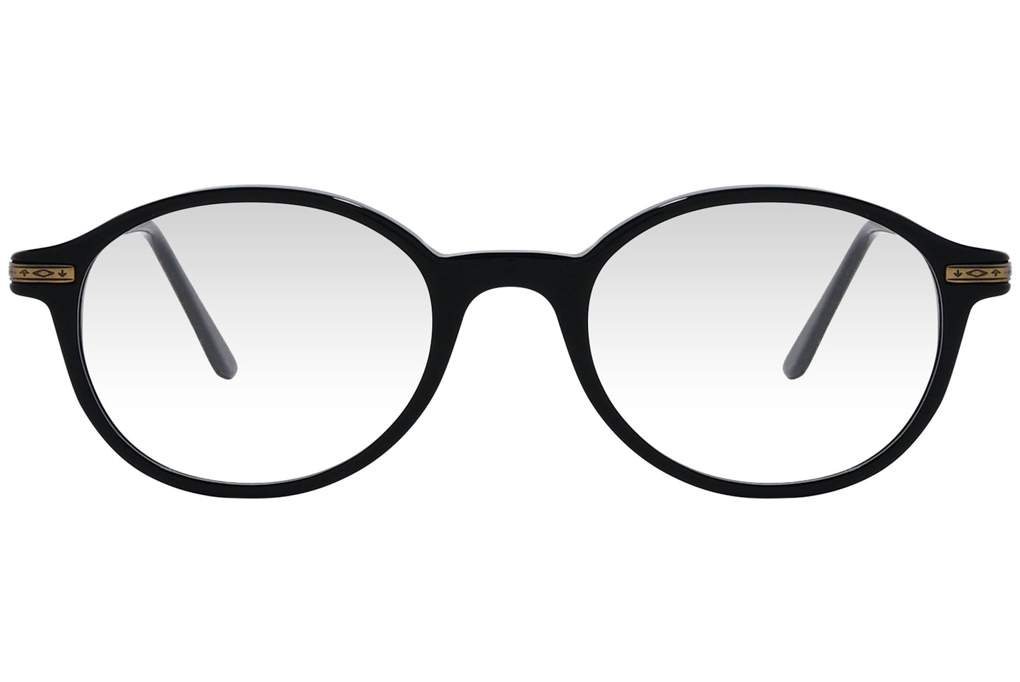 cellini round black eyeglasses frame viewed from front angle.