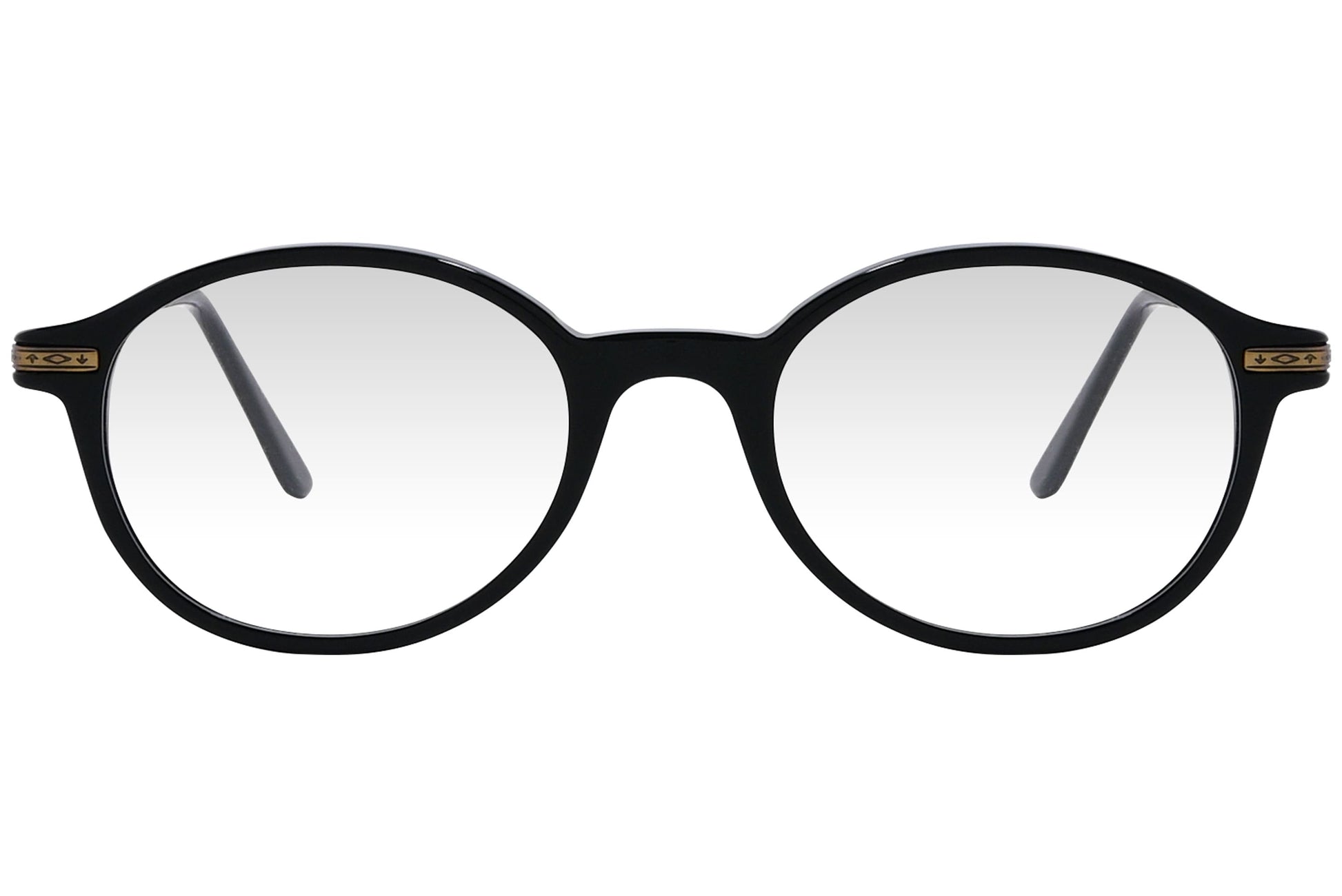 cellini round black eyeglasses frame viewed from front angle.