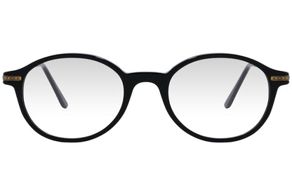 cellini round black eyeglasses frame viewed from front angle.