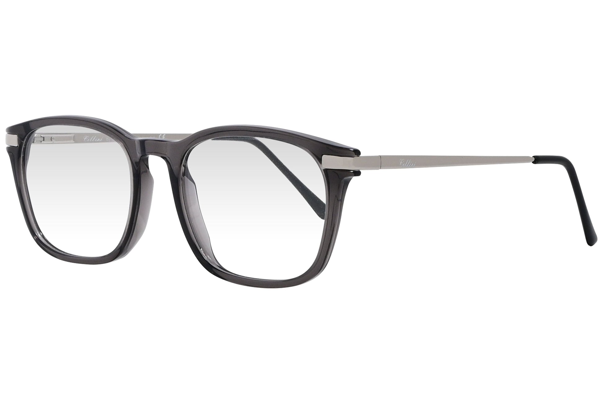 cellini rectangle gray eyeglasses frame viewed from a 45-degree angle.