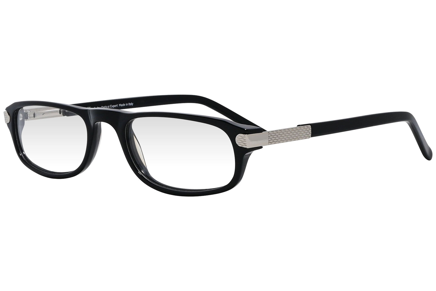 cellini rectangle black eyeglasses frame viewed from a 45-degree angle.