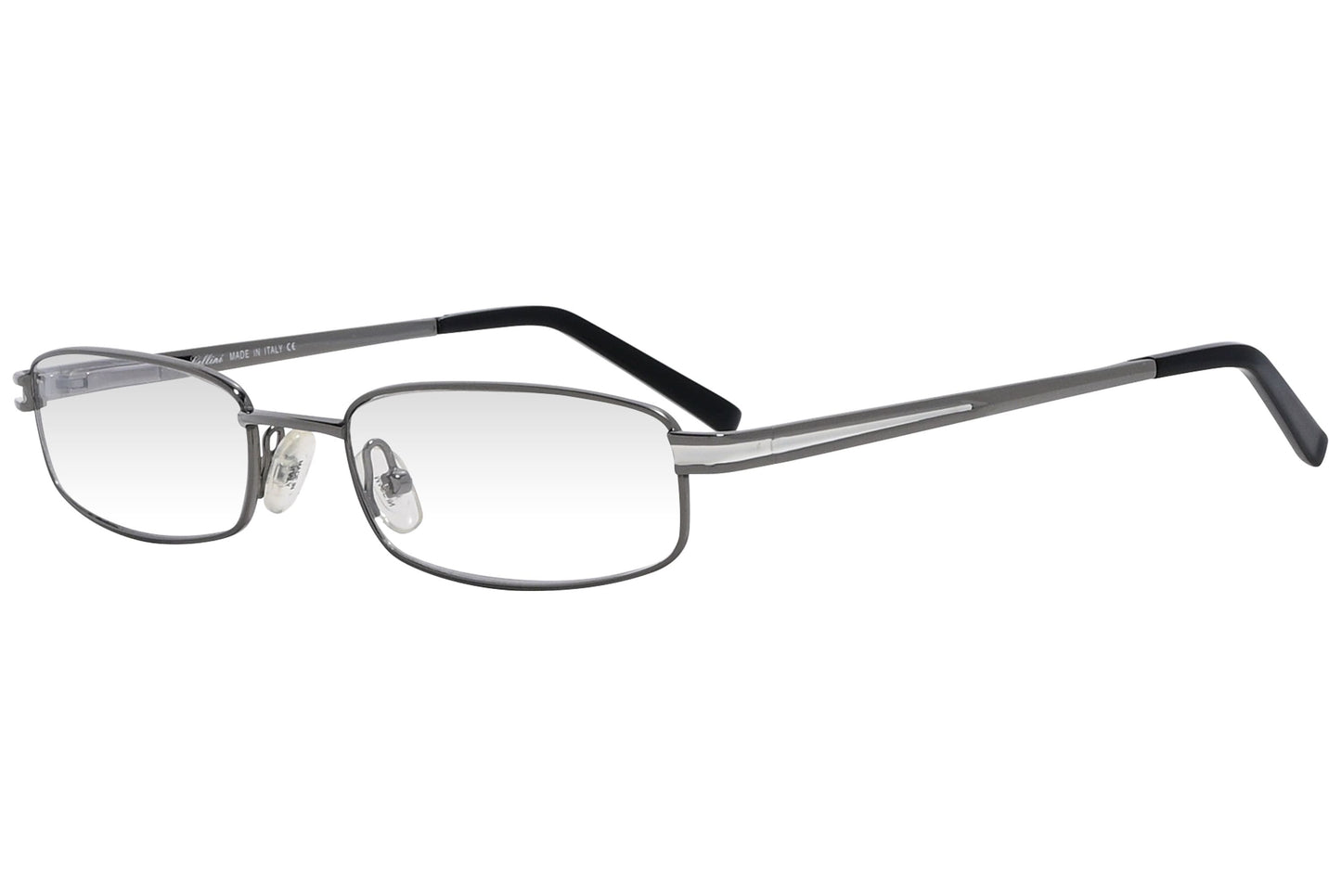 cellini rectangle silver eyeglasses frame viewed from a 45-degree angle.